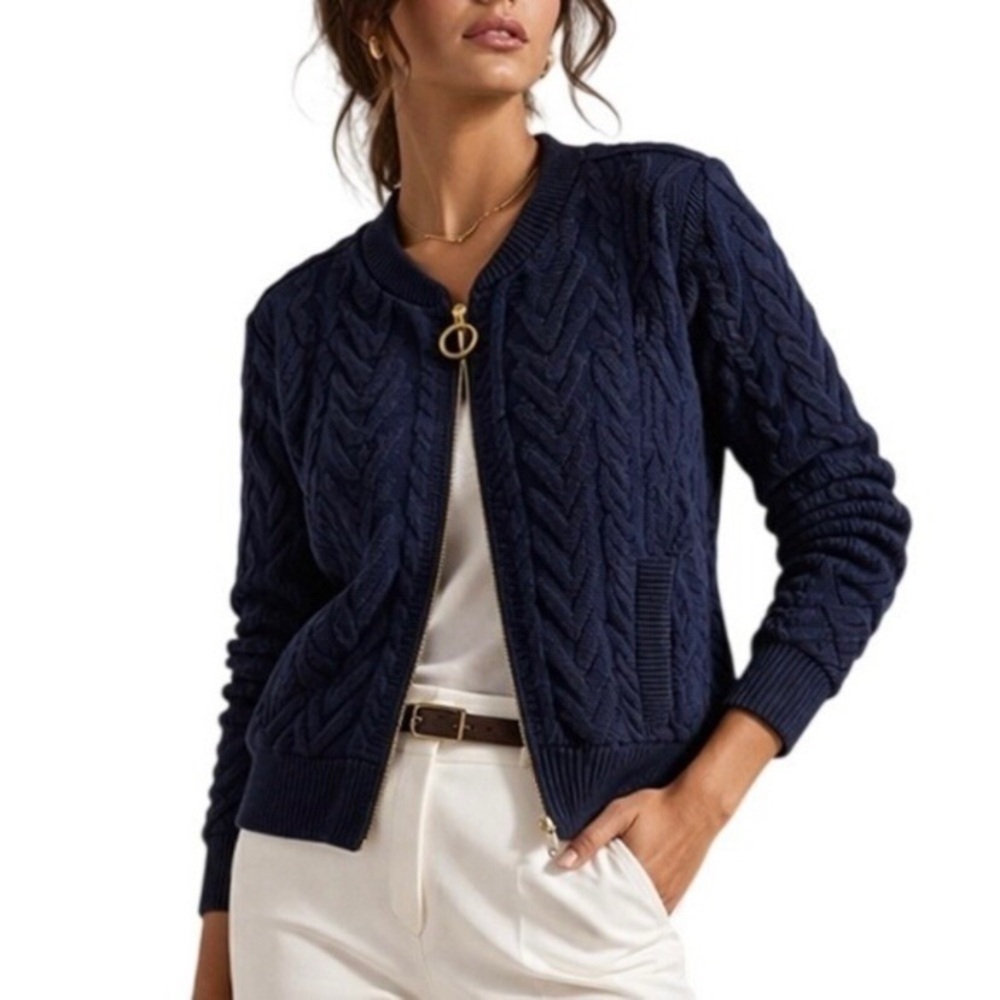 $398 Tory Burch Contraire Navy Blue Cable Knit Wool Bomber Zip Up Jacket Size M